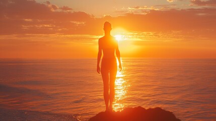 Fototapeta premium The sun sets over the ocean. A woman standing on a cliff watches the sunset.
