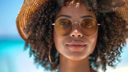 Portrait of  black woman in straw hat and sunglasses