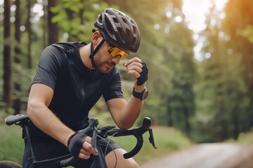 Cyclist taking a break in the forest