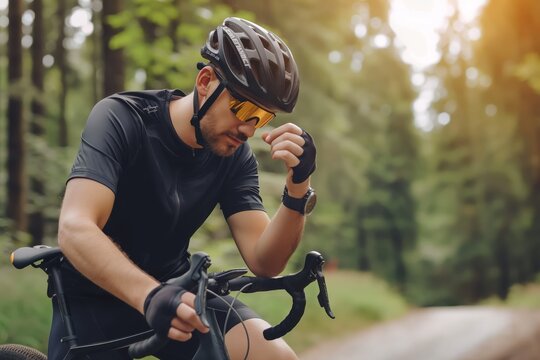 Cyclist taking a break in the forest