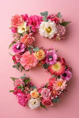 Top View Vibrant Number 5 Floral Arrangement. Top view of a vibrant floral arrangement shaped as the number 5, ideal for birthdays and celebrations.