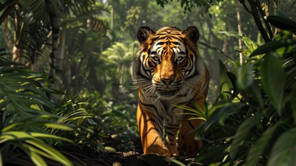 A captivating image of a majestic tiger advancing through the dense greenery of a sunlit jungle, eyes locked and intent.