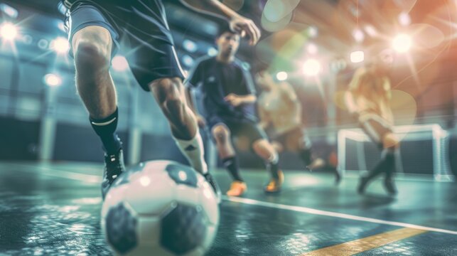 Football futsal player, ball, futsal floor. Sports background. Indoor soccer sports hall. Youth futsal league. Indoor football players and soccer ball. Generative ai.