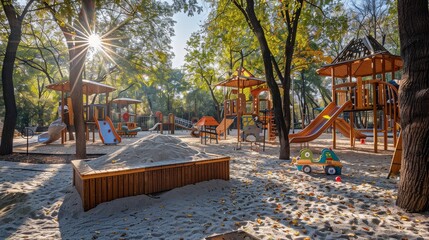  Sunlit Playground Oasis: Wide-Angle View of Sand Box and Toys in the Park