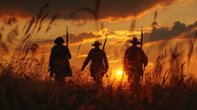 Three soldiers walking through a field of tall grass at sunset