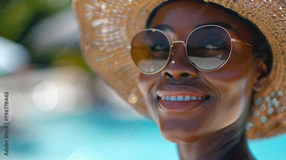 Wall mural portrait of black woman in straw hat and sunglasses