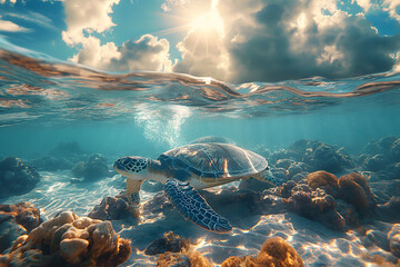 Serene Underwater Scene with Graceful Sea Turtle Gliding over Coral Reefs
