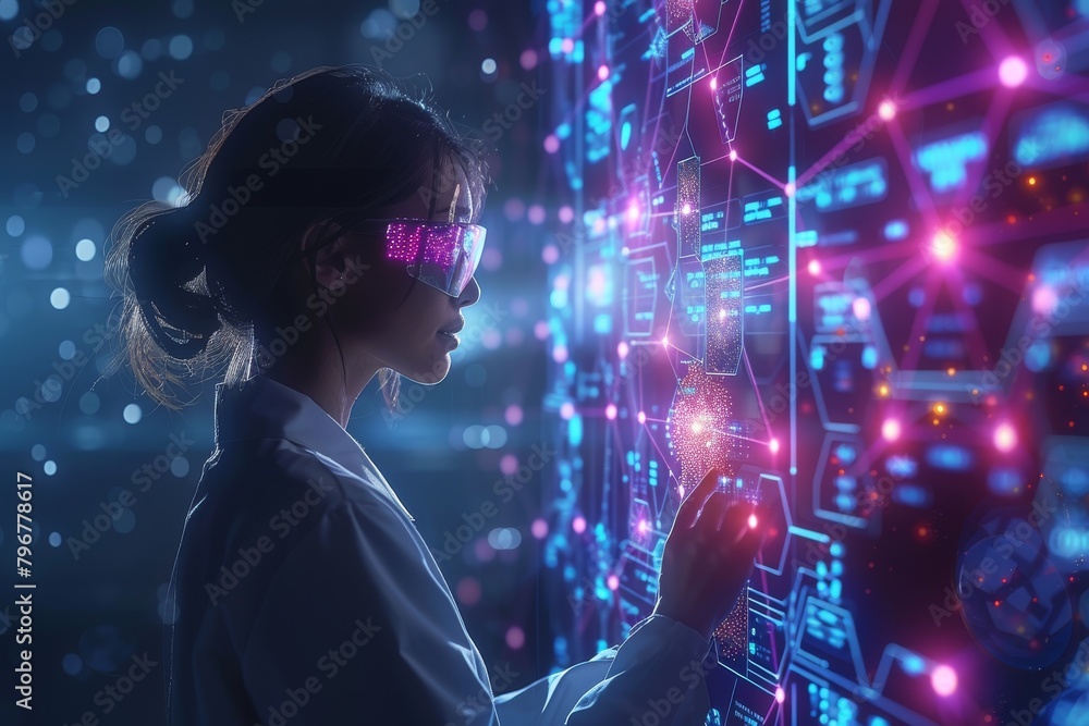 Poster an individual interacts with a futuristic holographic interface with glowing elements