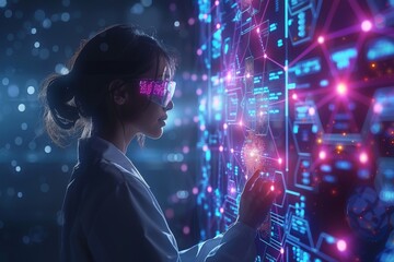 An individual interacts with a futuristic holographic interface with glowing elements