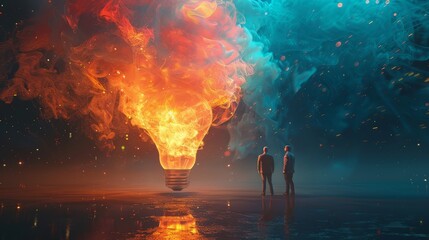 Two businessmen looking at a giant light bulb on fire.