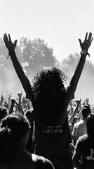 Silhouette d'un homme heureux en noir et blanc, debout dans la foule d'un concert, impression de bonheur et de liberté comme à Woodstock