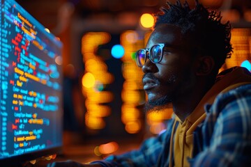 In an atmospheric setting, a dedicated male programmer codes fervently into the night amidst multiple monitors