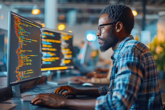 A male software engineer is immersed in writing code on his computer in a well-lit contemporary workspace