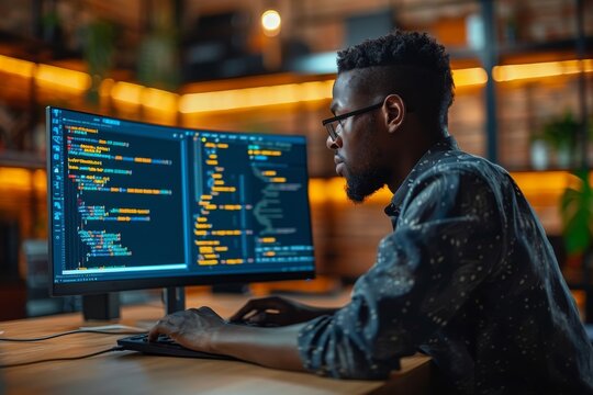 Capturing a male coder deeply engrossed in programming on his computer in a cozy evening office environment