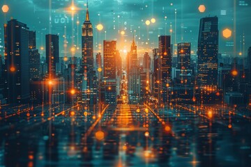 An illustration of a vibrant, futuristic cityscape overlayed with a network of connected digital nodes, symbolizing connectivity and technological advancement