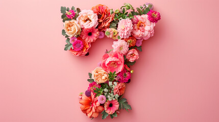 Top View Floral Number Seven. Top view of a floral arrangement shaping the number 7, ideal for celebrations.