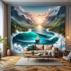 Stormy sea and mountains background in a living room 