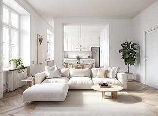 Beige modern living room interior with white walls