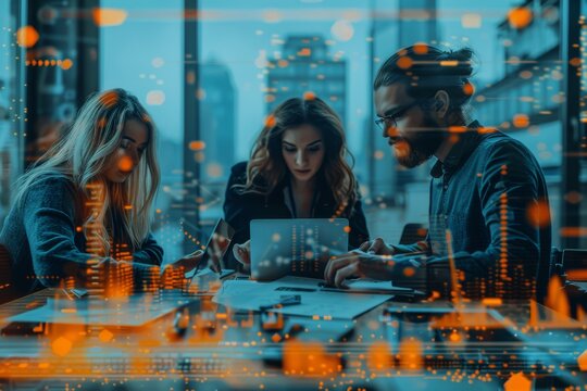 A collaborative team in a meeting with futuristic digital data graphics overlay, symbolizing teamwork and tech