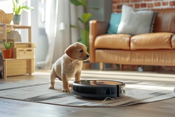 washing robot vacuum cleaner cleans a room with a cozy modern interior near puppy 