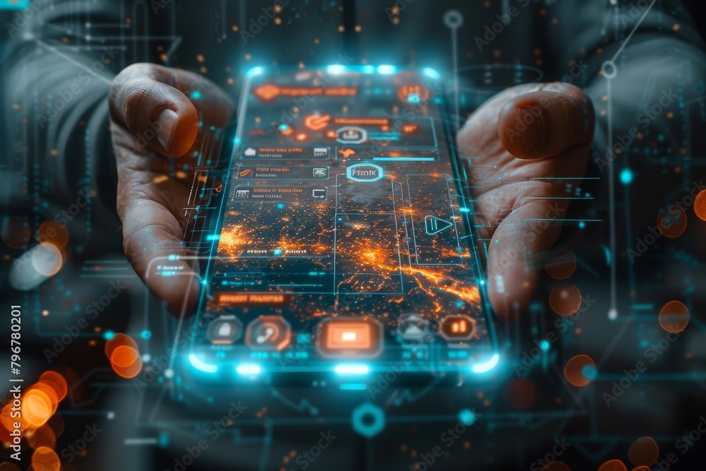 Poster a person holds a transparent smartphone with a high-tech user interface, displaying various graphs a
