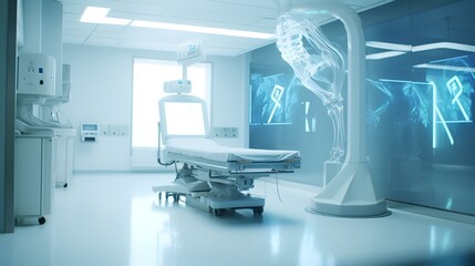 Medical equipment in modern operating room. 3d rendering toned image