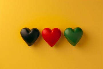 A visually striking image featuring a bright red heart, a deep black heart, and a vibrant green heart arranged in a visually appealing layout on a bold yellow background. juneteenth emancipation day, - obrazy, fototapety, plakaty