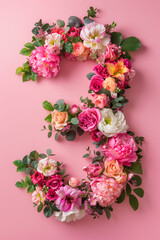 Top View Floral Number Three Composition. Top view of floral number three, ideal for birthdays and anniversary. 