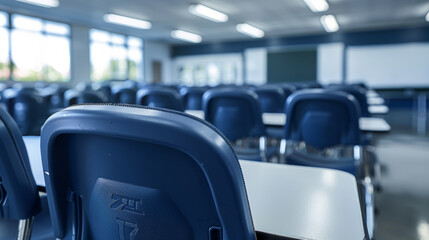 A classroom with blue chairs and a white board