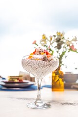 Chia Seed Pudding with Fresh Fruit on White Table