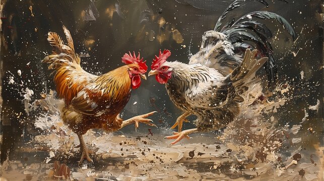 Rooster fighting, colliding, oil painting