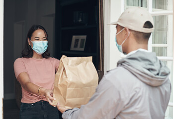 Woman, face mask and happy for shipping product delivery, cargo and for safety. Customer, logistics and package transport for covid 19, courier and stock with distribution for healthy service