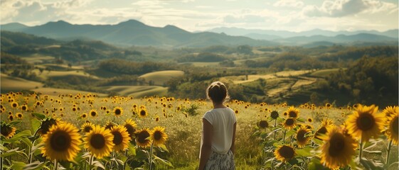 Fototapeta premium woman standing back In the sunflower field There are mountains and nature.