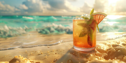 Beachfront cocktail delight at golden hour - tropical relaxation and summer indulgence