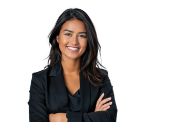 Professional Young Businesswoman with Confident Smile in Black Suit Isolated on White Background
