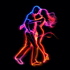 Simple vector graphic of neon man and woman dancing icons, isolated on black background.
