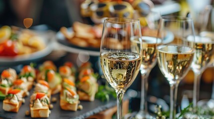 Party Events. Stylish Champagne Glasses and Food Appetizers on Wedding Reception Table