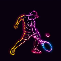 Simple vector graphic of neon tennis player, ball isolated on black background.