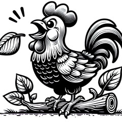 Obraz premium Eine schwarz weiße Vektorgrafik eines lustigen Huhnes