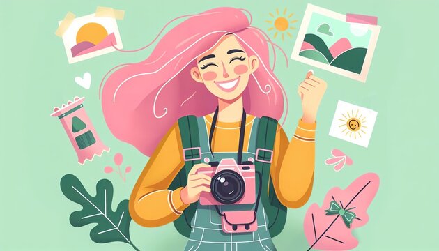 Young Female Artist Photographer. Illustration of a young female photographer with abstract artistic elements and pastel tones.