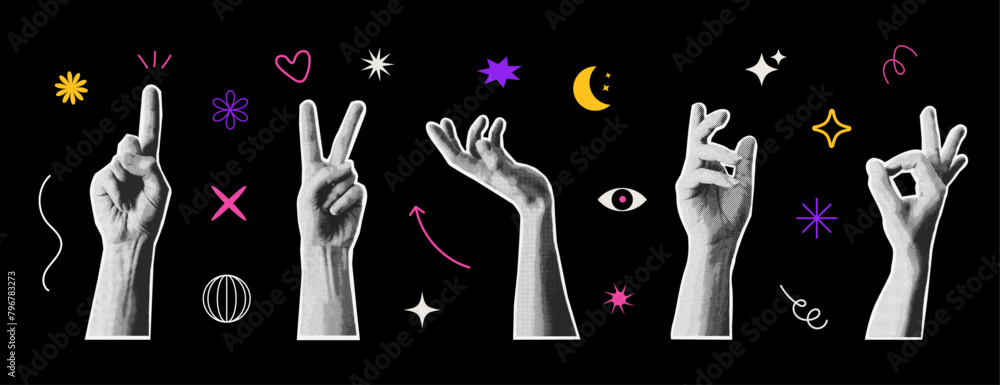 Poster collage elements for messages using hands. set of hands. isolated dark background.. vintage illustra