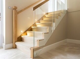 Close up of oak staircase with glass balustrade in a modern house interior - obrazy, fototapety, plakaty