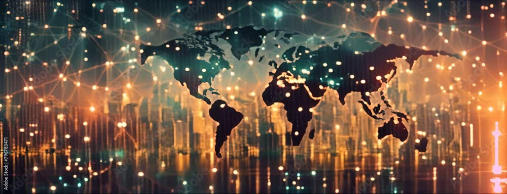 Poster global network: map with connecting lines, screens with landmarks.generative ai