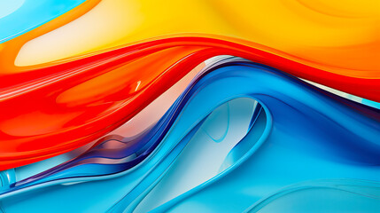 Smooth abstract background in blue, yellow and red colors. Wavy lines of liquid paints