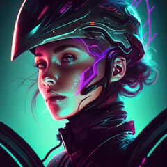 Naklejka premium A portrait woman of a person with a glowing wearing futuristic helmet and abstract neon shapes surrounding their head, AI Generative