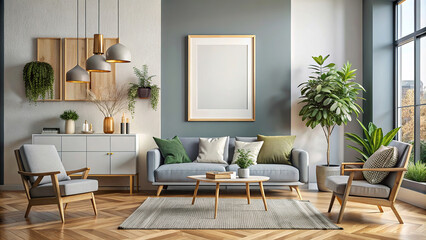 A modern living room with a grey cushioned sofa and a pair of stylish armchairs.In the room,a striking contrast of warm wood-effect tones and cool grey shades is complemented by houseplants.AI
