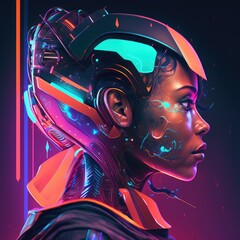 A creative woman of a person with a glowing wearing futuristic helmet and abstract neon shapes surrounding their head, AI Generative