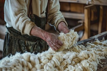 wool processing from sheep in rural workshop, traditional methods