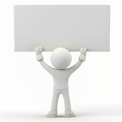 Cartoon Stick Figure with Blank Sign: 3D Render on White Background