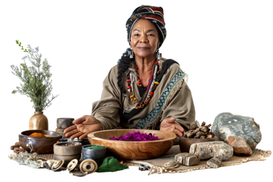 Traditional Healer with Herbs and Ritual Objects Isolated on White Background